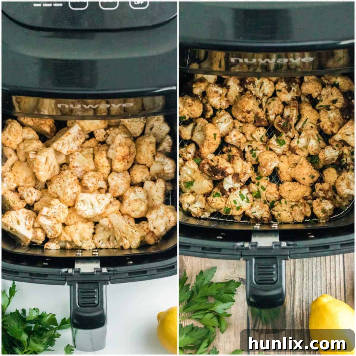 Crispy Air-Fried Cauliflower 5 Collage of cooking the recipe in the air fryer.