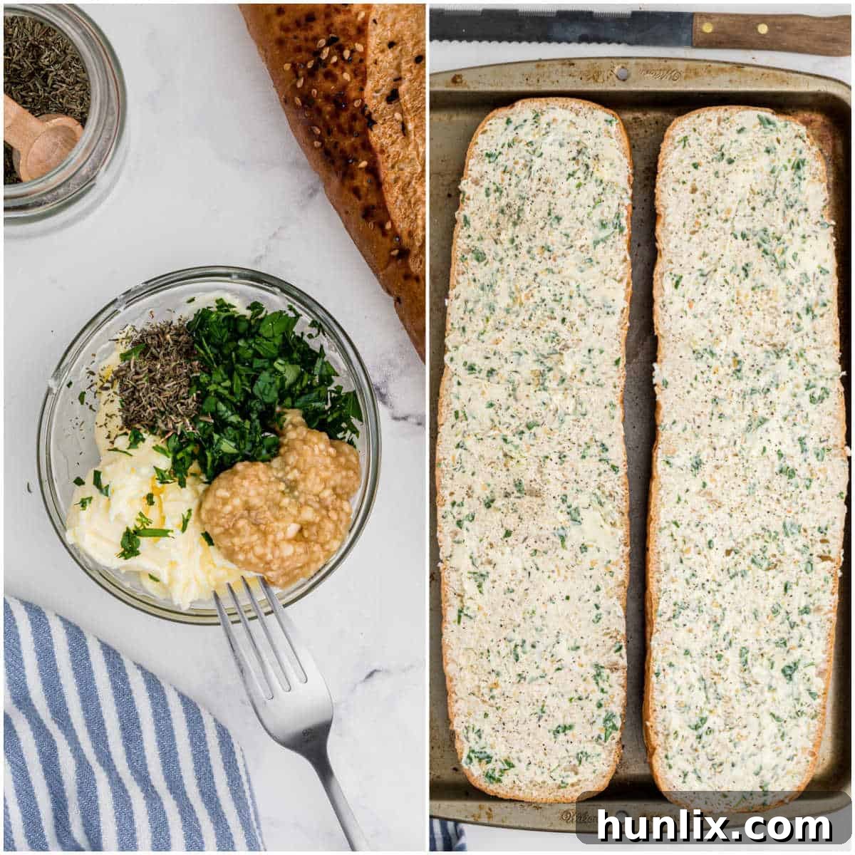 A series of photos showing the steps to prepare garlic bread, from mixing ingredients to spreading butter on the loaf.