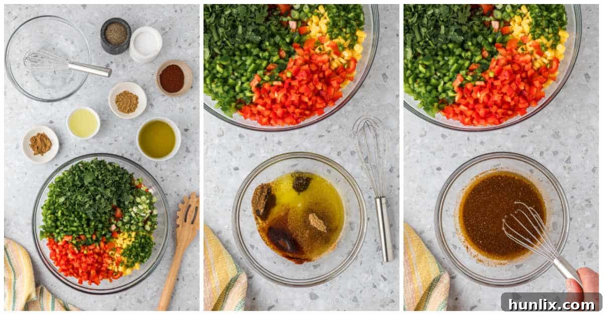 A two-panel collage showing the process of mixing ingredients for Cowboy Caviar in a bowl.