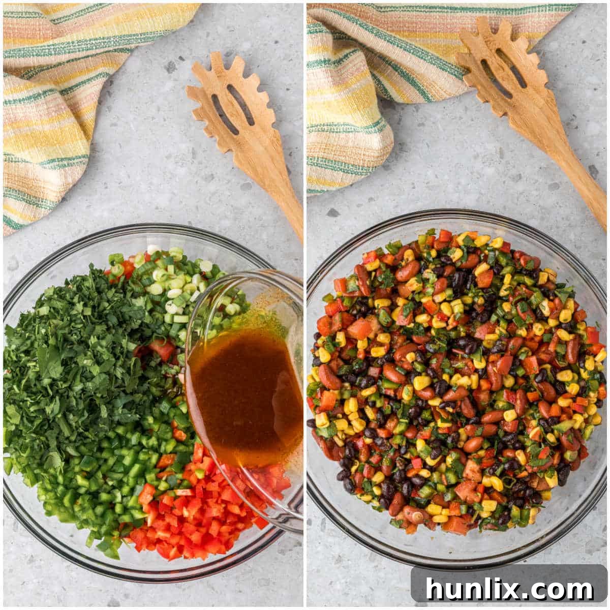 A close-up collage showing the final mixing of ingredients for Cowboy Caviar in a bowl.