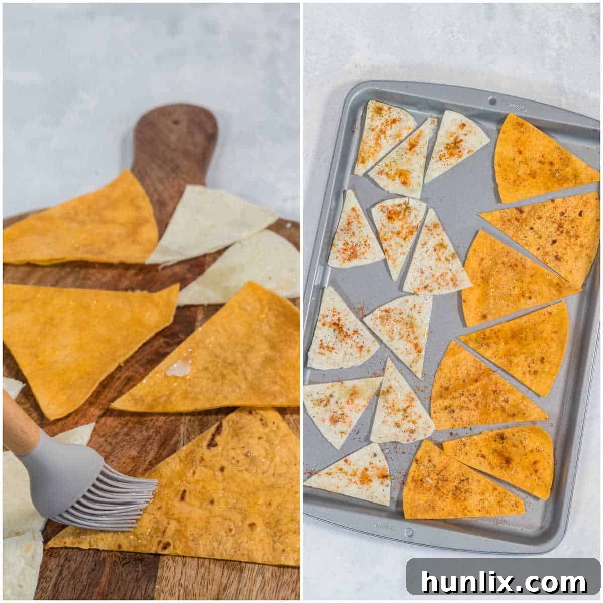 A collage showing the preparation steps: 1. Flour tortillas cut into triangles. 2. Triangles arranged in an air fryer basket. 3. Oil being brushed onto the tortillas. 4. Seasonings being sprinkled over the tortillas.