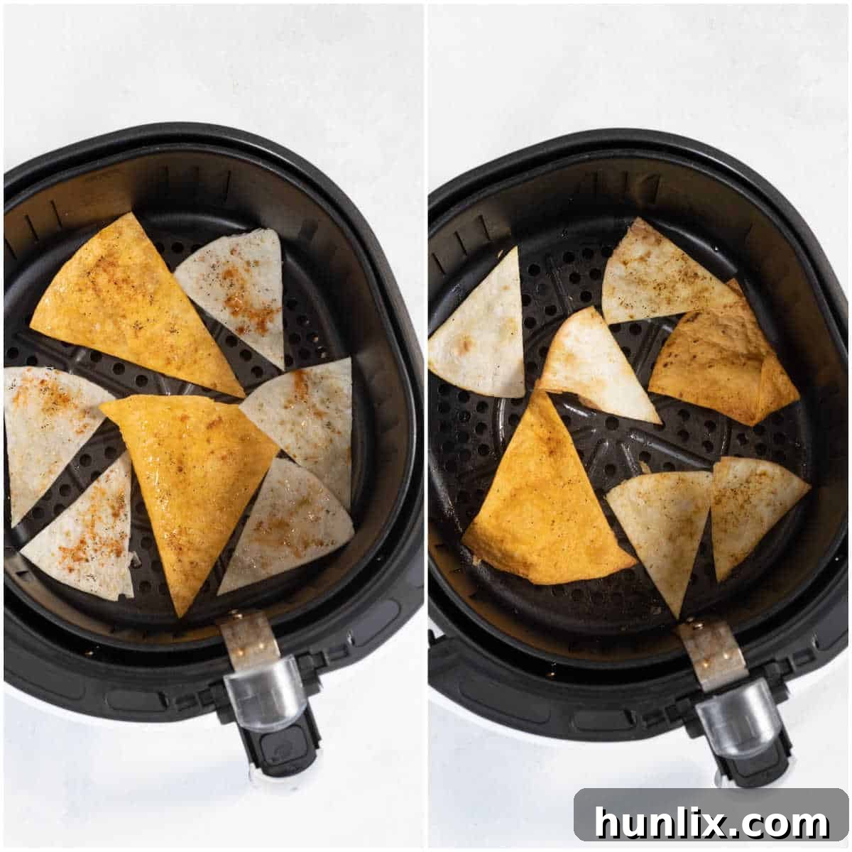A collage showing the air frying steps: 1. Tortillas cooking in an air fryer. 2. A hand turning the chips in the air fryer basket. 3. Golden brown, crispy chips after air frying.