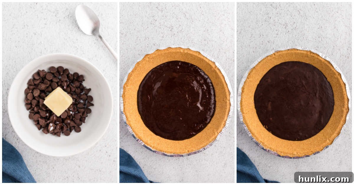 Two steps showing the preparation of black bottom banana cream pie: melting chocolate and spreading it into a pie crust.