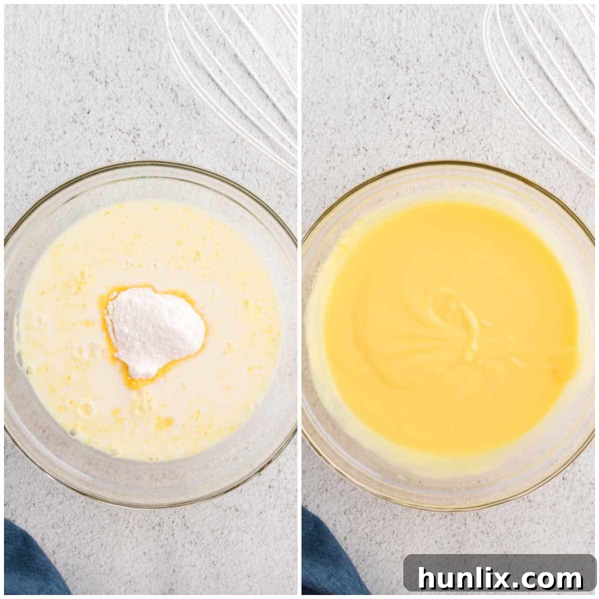 A bowl of prepared instant pudding, ready to be added to the pie.