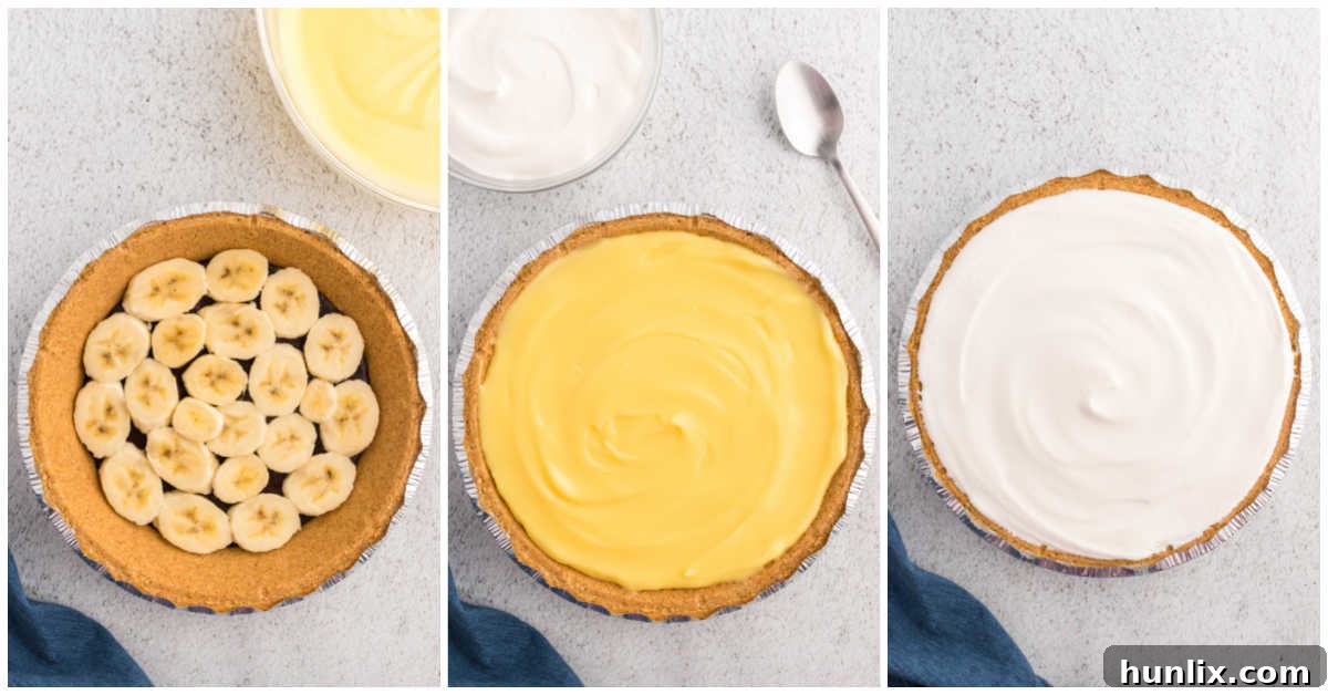Steps to make black bottom banana cream pie, showing pudding covering bananas, and finally topped with Cool Whip.