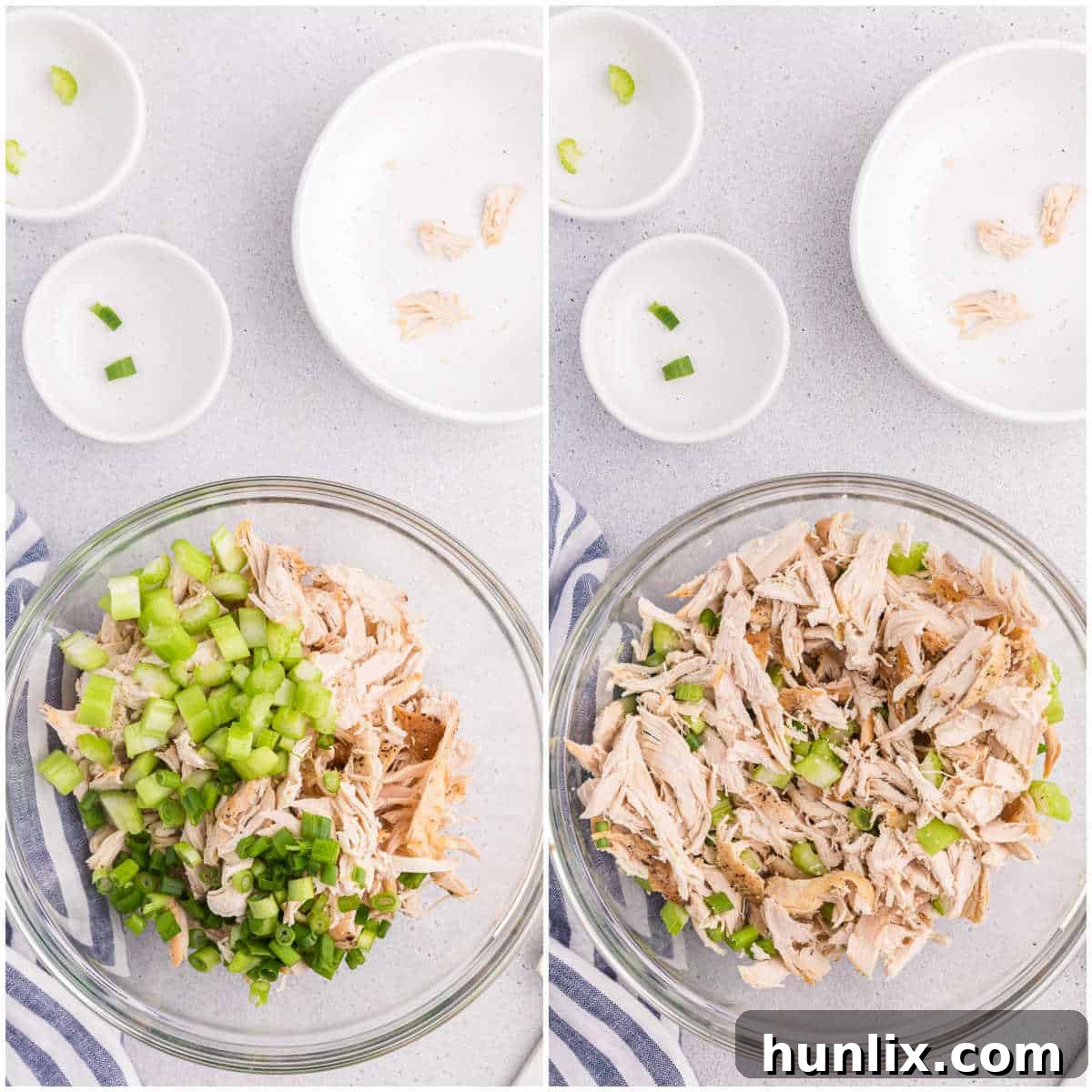 Creamy Homestyle Chicken Salad 4 Step one of making classic chicken salad: mixing chicken and vegetables.