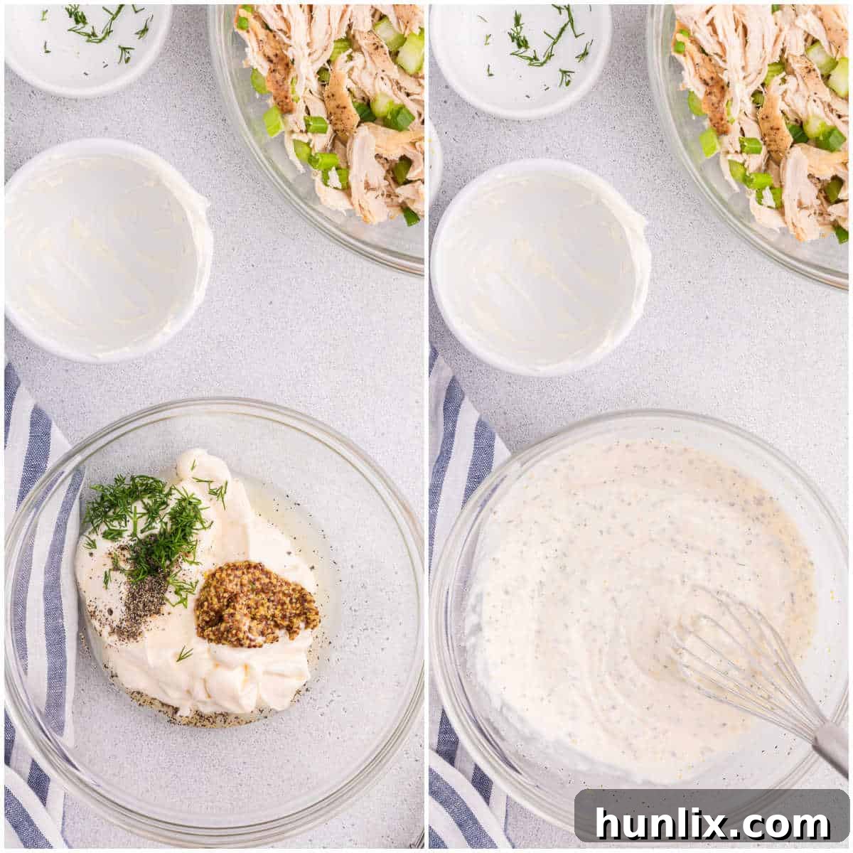 Creamy Homestyle Chicken Salad 5 Step two of making classic chicken salad: whisking the dressing ingredients.