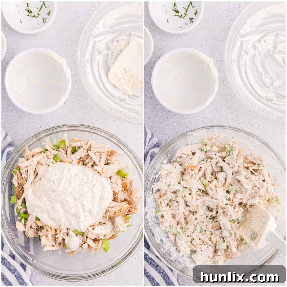 Creamy Homestyle Chicken Salad 6 Step three of making classic chicken salad: mixing dressing with chicken and chilling.