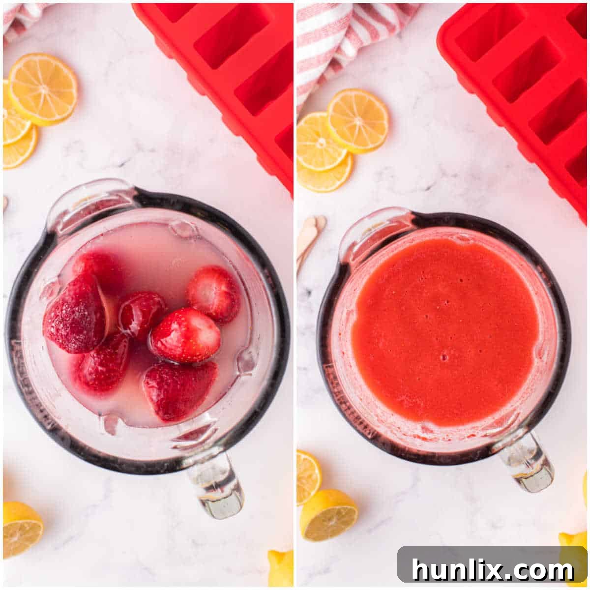 Step-by-step image showing frozen strawberries, lemonade, lemon juice, and corn syrup being added to a blender.