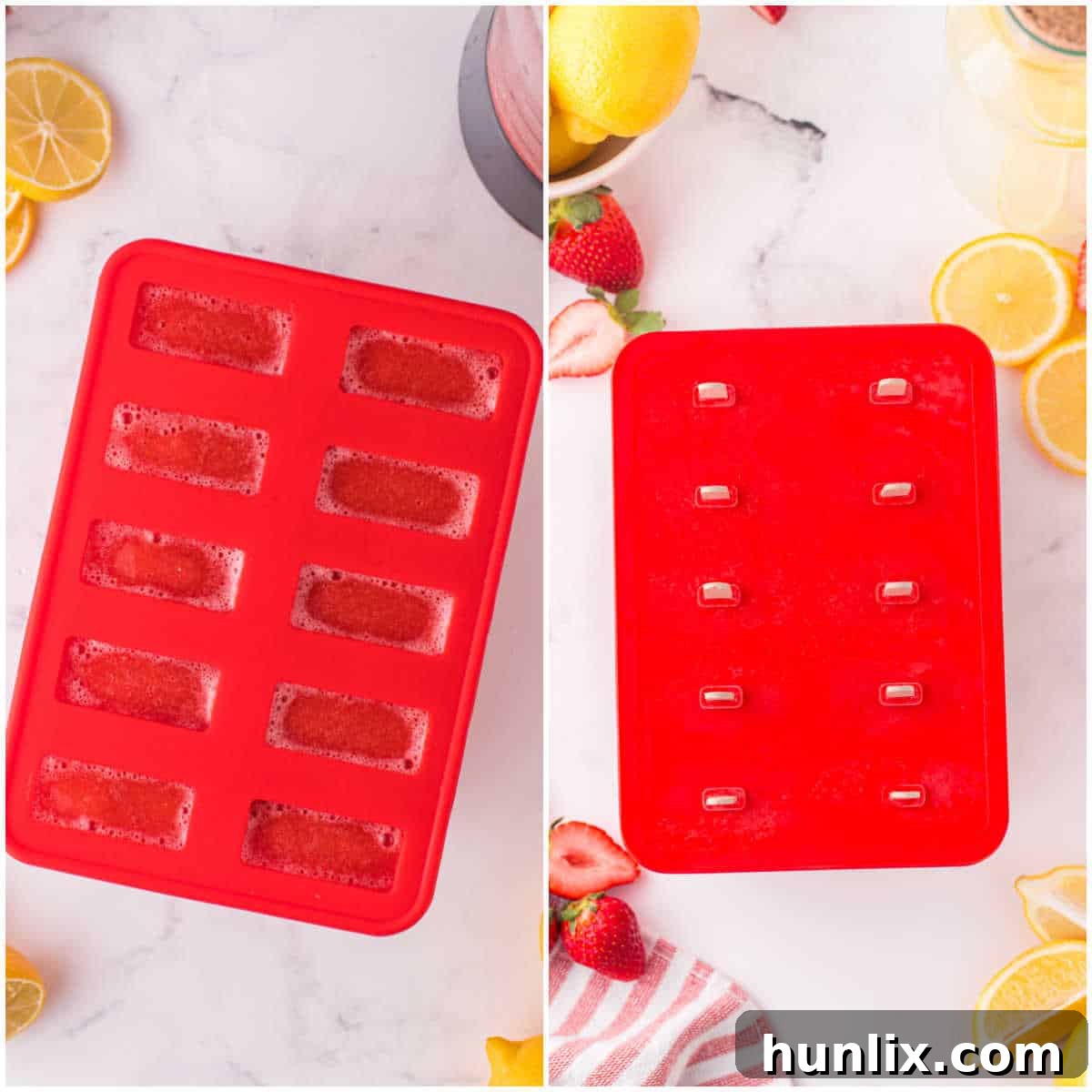 Step-by-step image showing the strawberry lemonade mixture being poured into popsicle molds, with sticks inserted.
