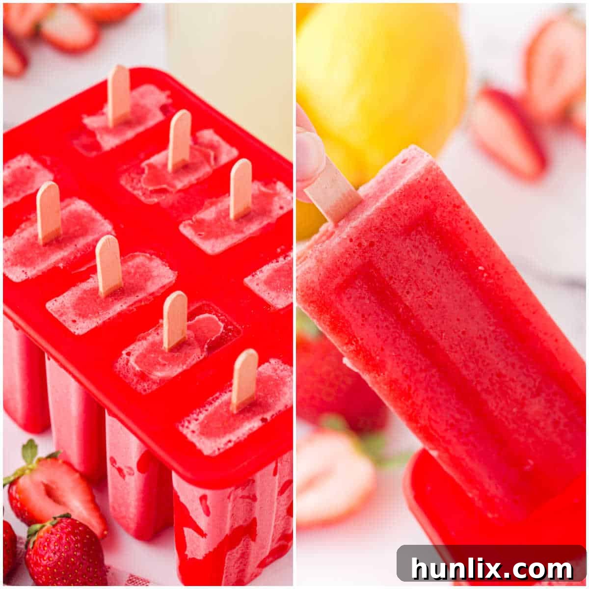 Step-by-step image showing a fully frozen strawberry lemonade popsicle being removed from its mold.
