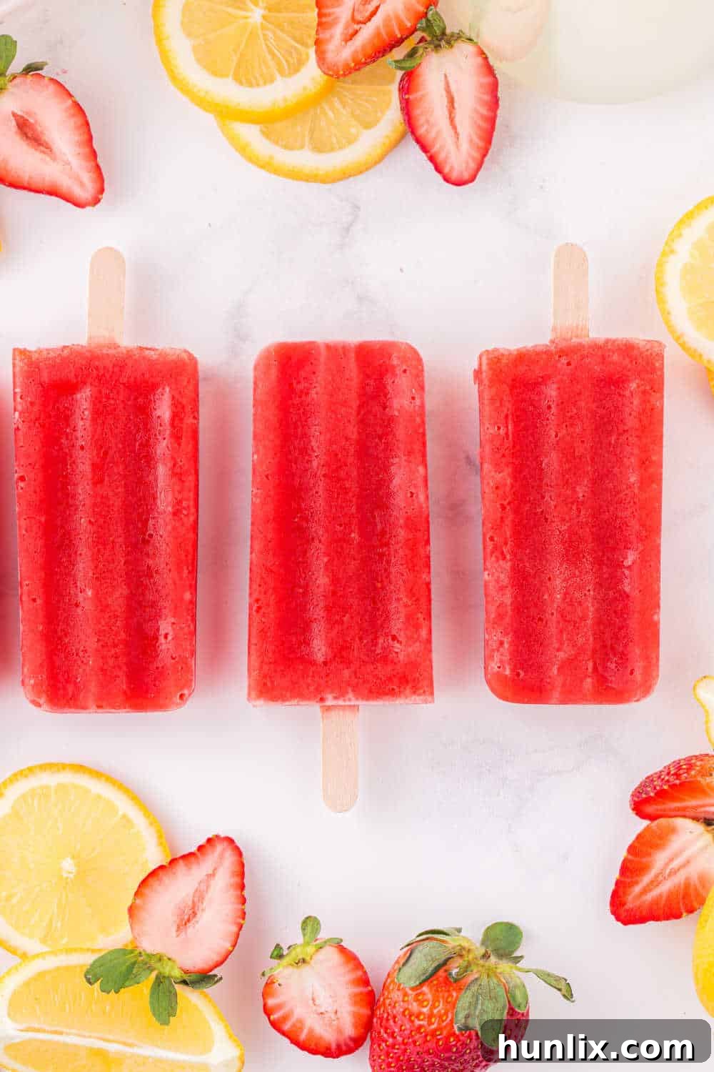 An artistic flat lay arrangement of several strawberry lemonade popsicles on a surface, highlighting their appealing texture and color.