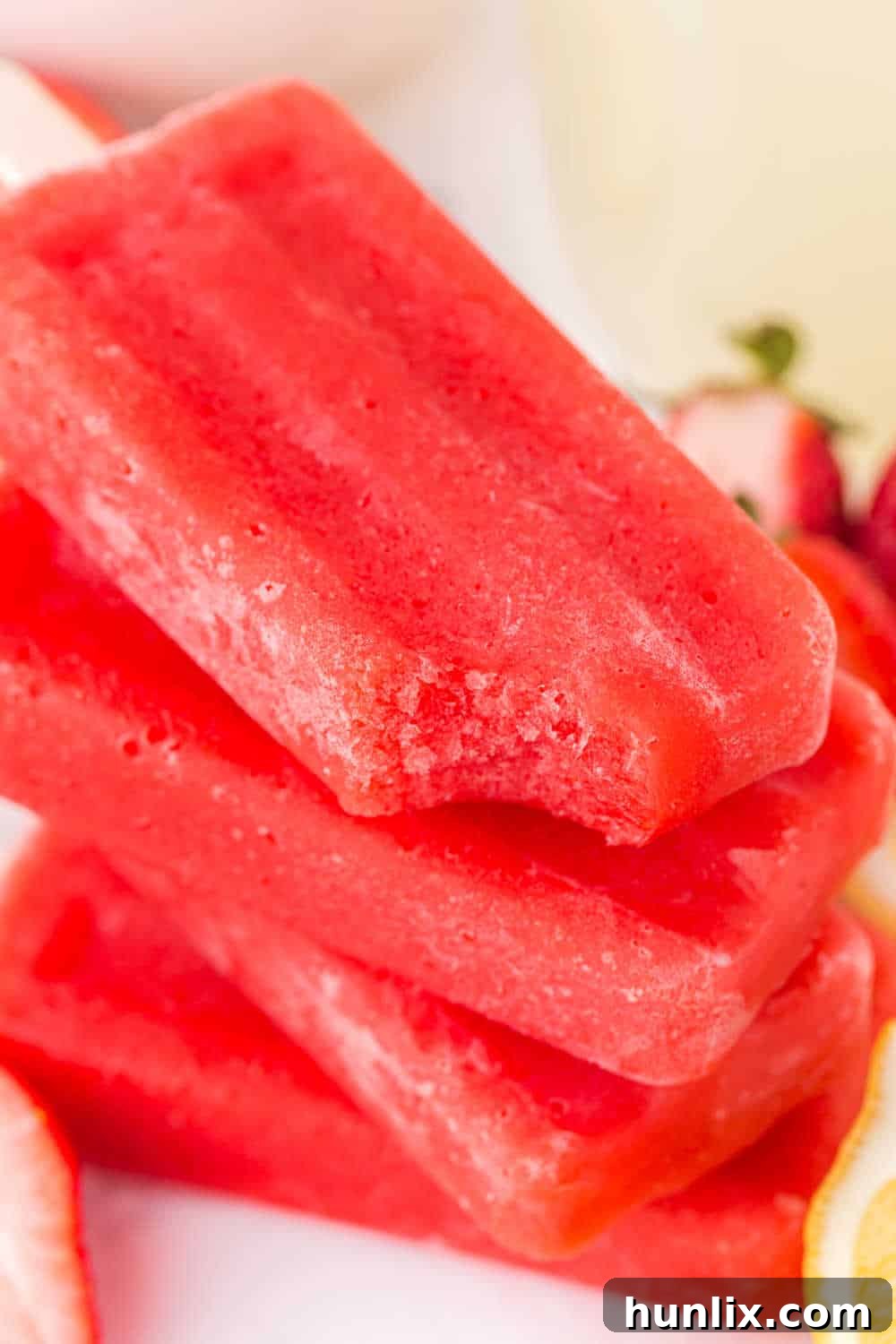 A stack of perfectly frozen strawberry lemonade popsicles, showcasing their vibrant color and smooth texture.