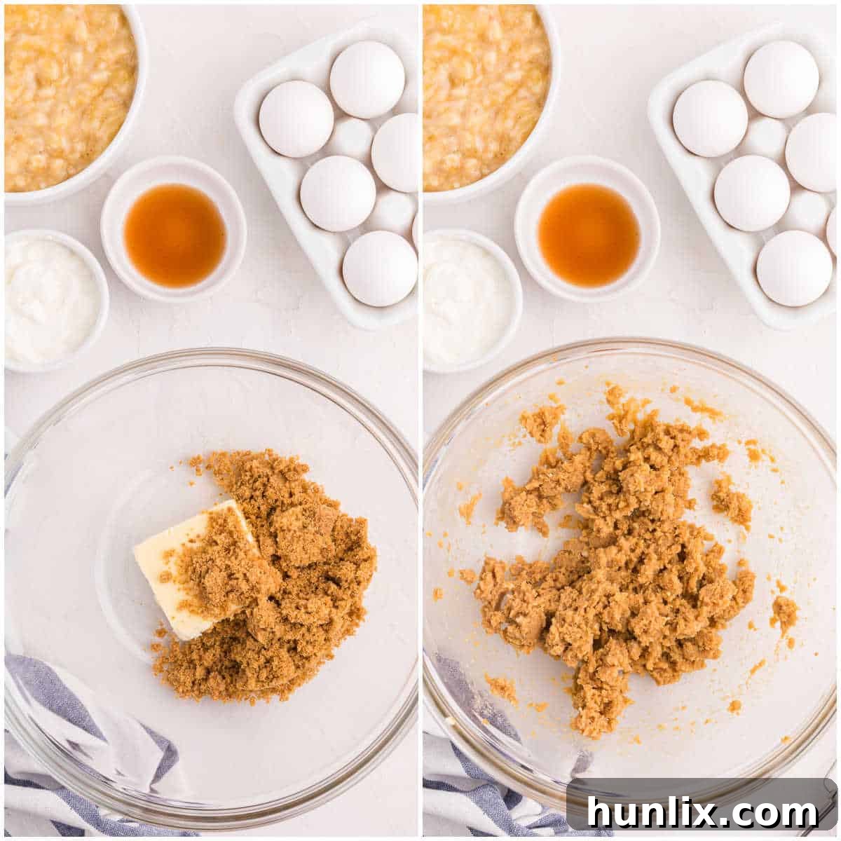 Butter and brown sugar being creamed together in a mixing bowl.