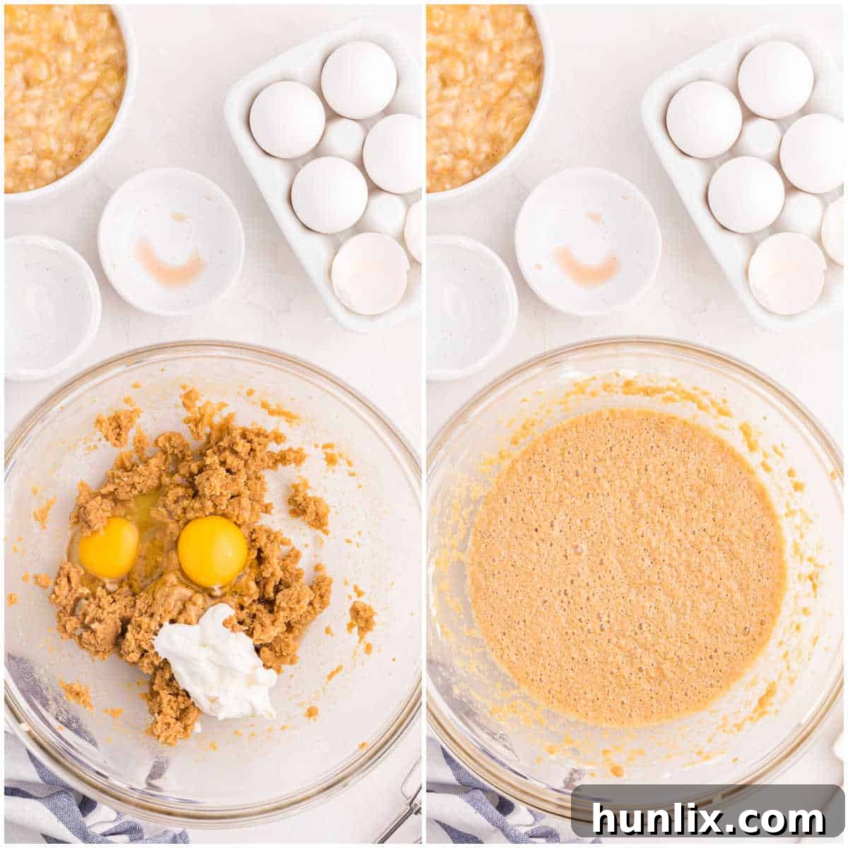 Wet ingredients (eggs, sour cream, vanilla) being beaten into the creamed butter and sugar.