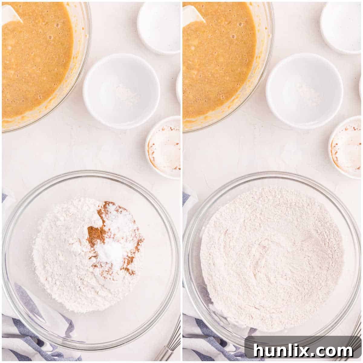 Dry ingredients (flour, baking soda, cinnamon, salt) being whisked in a separate bowl.