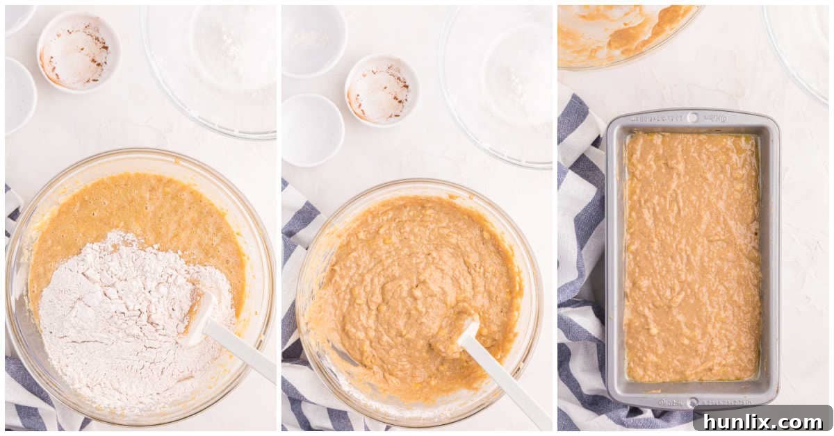 Baked banana bread in a loaf pan, cooling slightly.