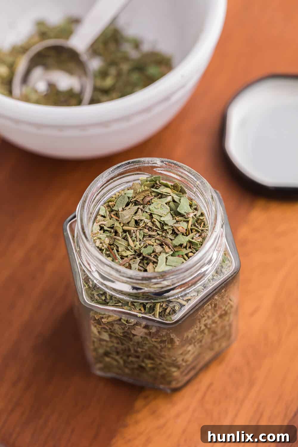 Italian seasoning stored neatly in a spice jar, ready for the spice cabinet.