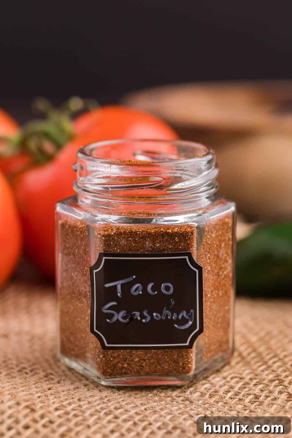 Taco seasoning in a beautifully labelled spice jar.