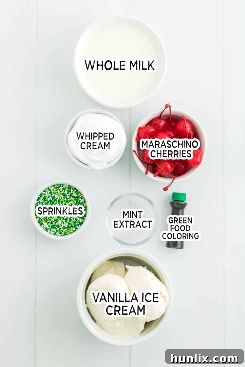 Emerald Dream Shake 3 Various ingredients for Shamrock Shake laid out on a white surface.