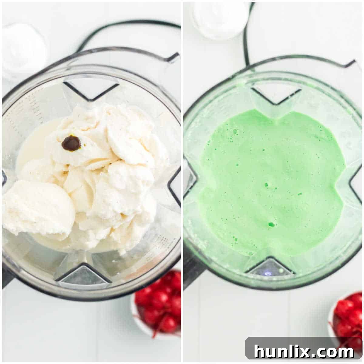 Emerald Dream Shake 4 Collage showing steps of blending ingredients for Shamrock Shake.