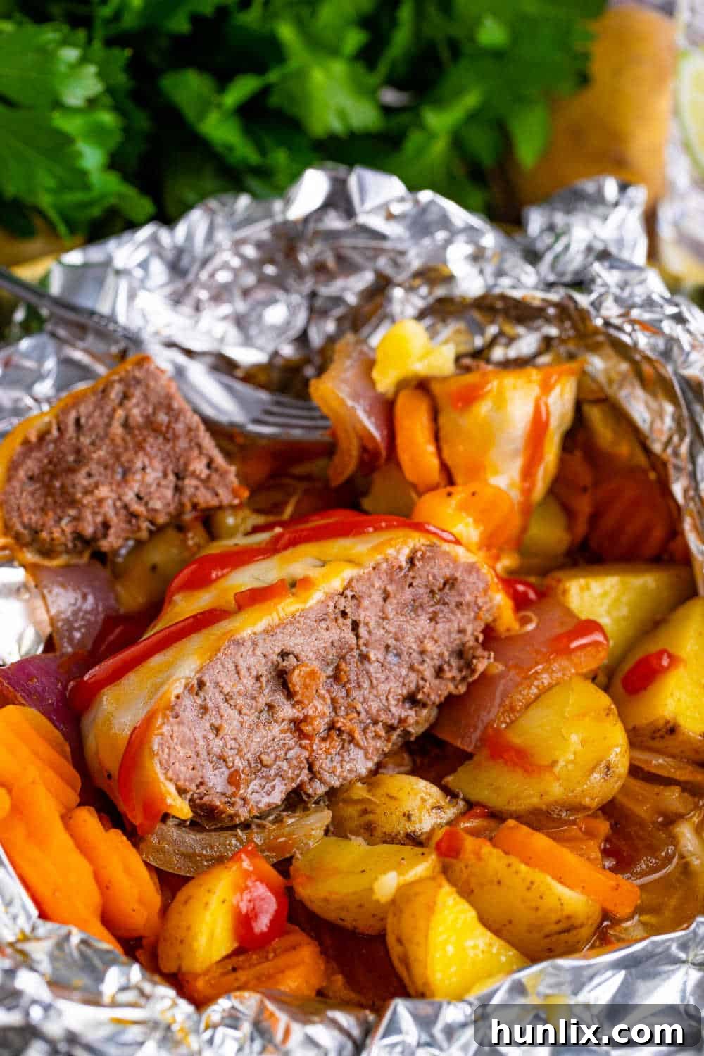 Fireside Burger Pockets 10 Burger Hobo Packet cut in half.