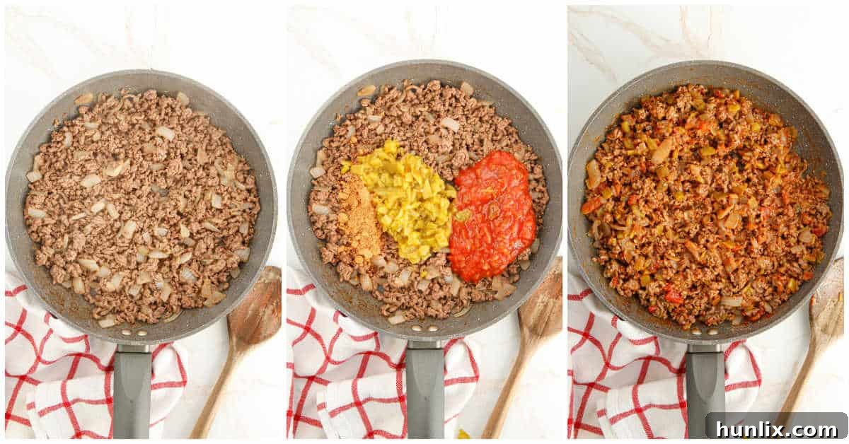 Fall-Apart Beef Enchilada Slow Cooker Supper 4 Close-up shots showing the first two steps of making slow cooker beef enchilada casserole: browning ground beef in a skillet and then adding onions, salsa, green chilies, and taco seasoning to create the flavorful filling.