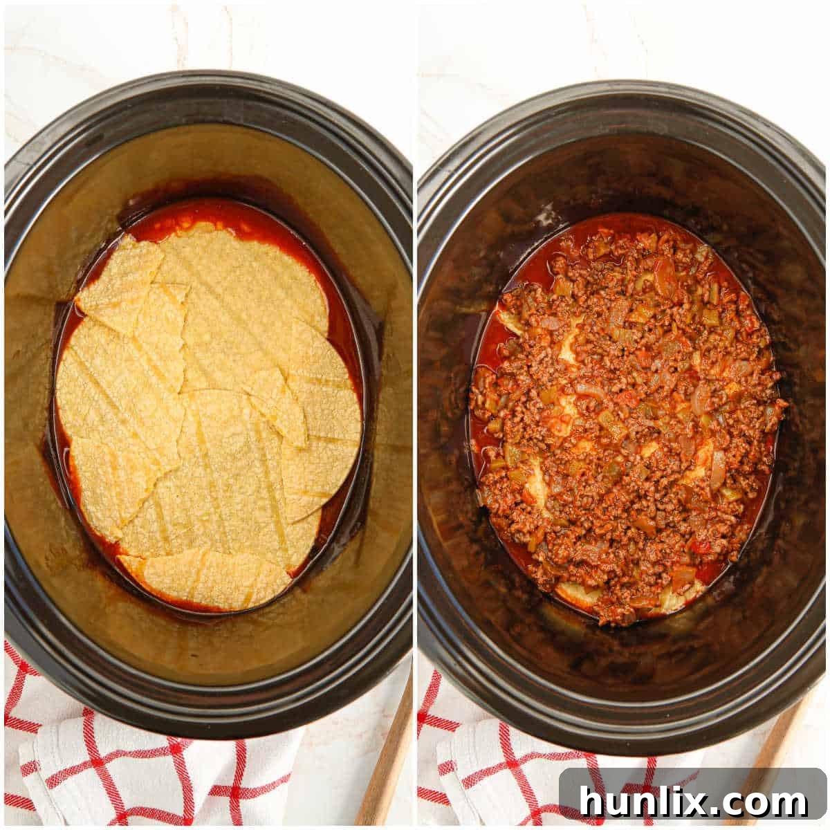 Fall-Apart Beef Enchilada Slow Cooker Supper 5 Detailed progress shots of assembling the slow cooker beef enchilada casserole: showing the initial layer of enchilada sauce, then corn tortillas, followed by the seasoned beef mixture, and finally a sprinkle of shredded cheese, demonstrating the layering process.