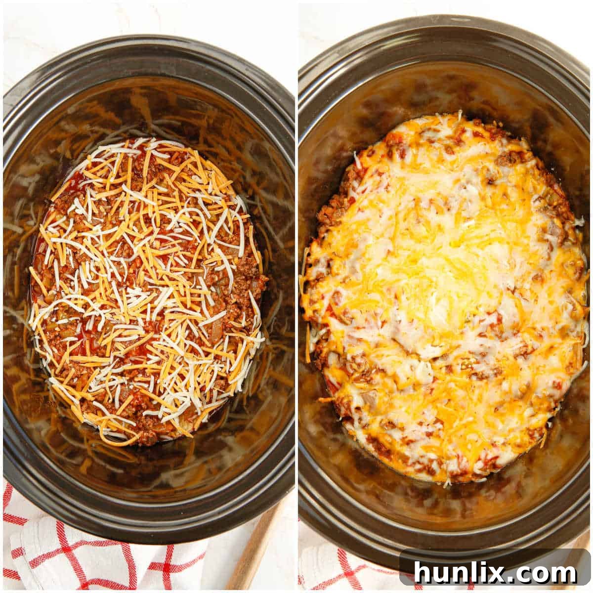 Fall-Apart Beef Enchilada Slow Cooker Supper 6 A top-down view of a slow cooker beef enchilada casserole nearing completion, showing the melted, golden-brown cheese and rich sauce, with a serving spoon poised to scoop out a portion, illustrating the final cooking stage.
