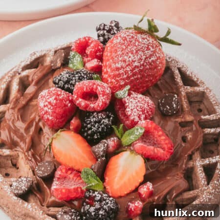 A close-up of a chocolate waffle topped with chocolate sauce and fresh berries.