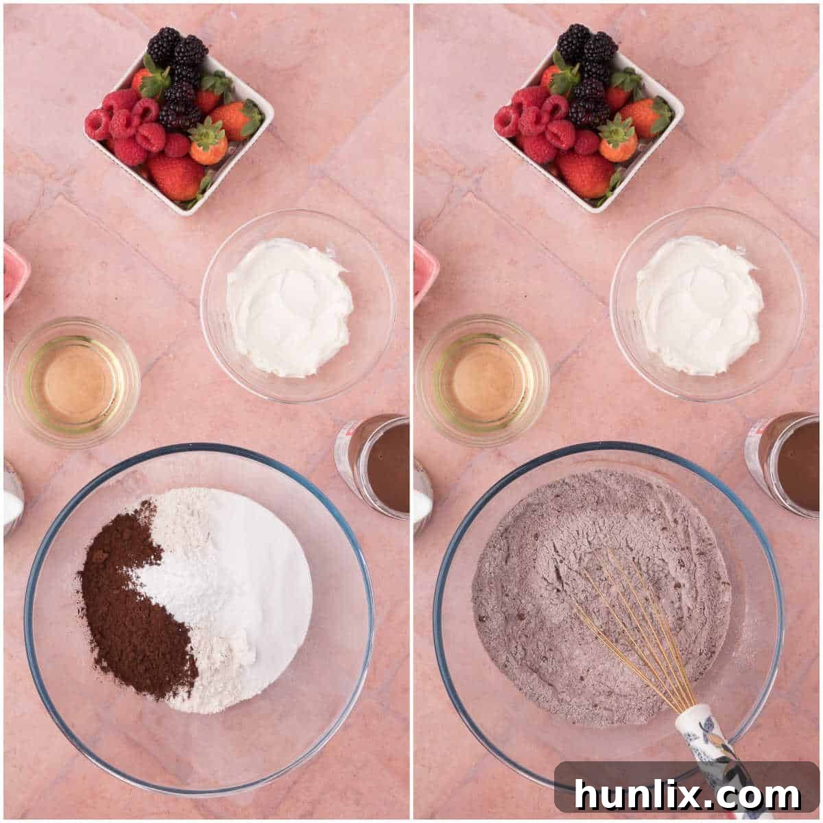 Pure Chocolate Waffle Bliss 4 The initial step of preparing chocolate waffle batter, showing dry ingredients mixed in a bowl with a well in the center.