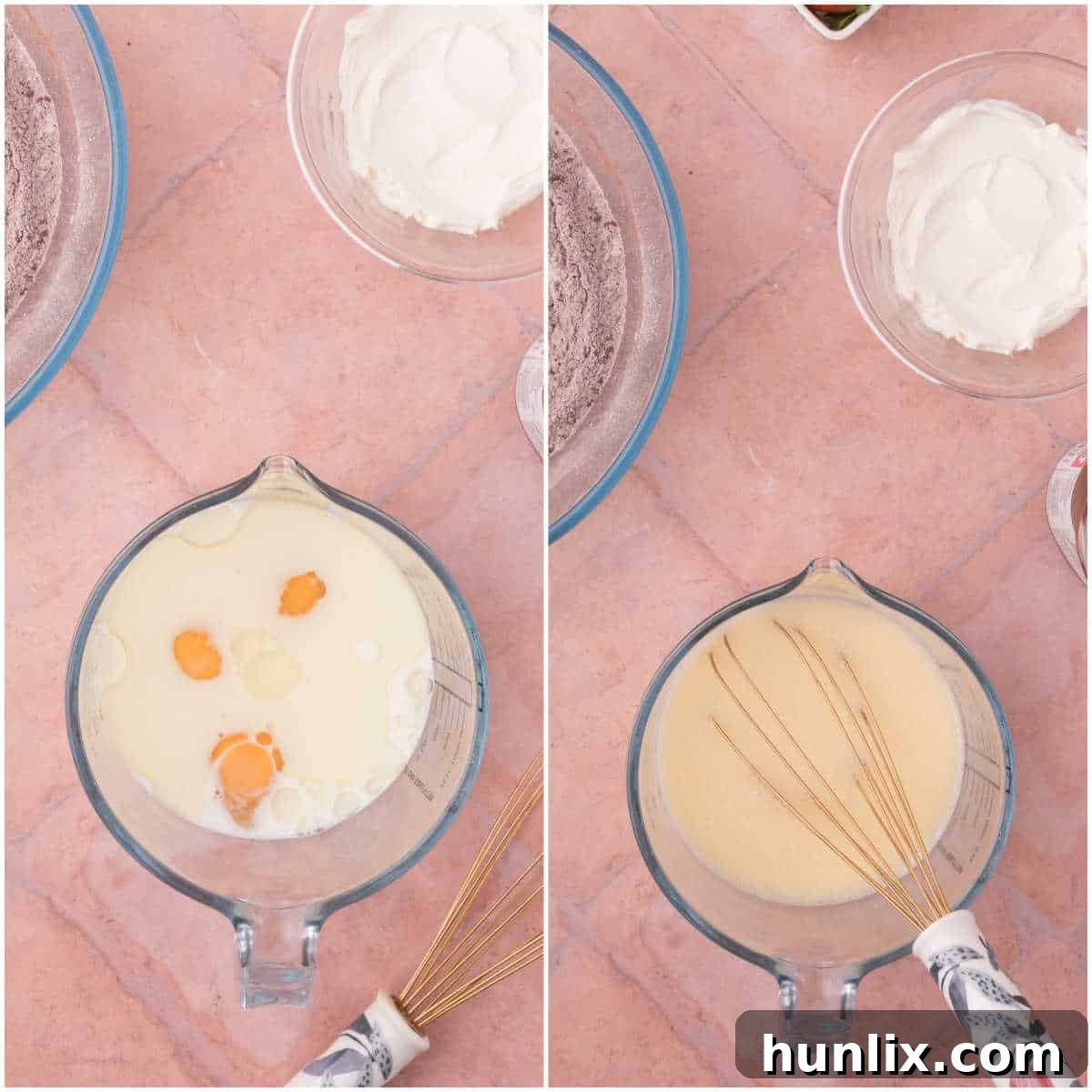 Pure Chocolate Waffle Bliss 5 The process of mixing wet ingredients (milk, eggs, oil) in a separate bowl for chocolate waffles.