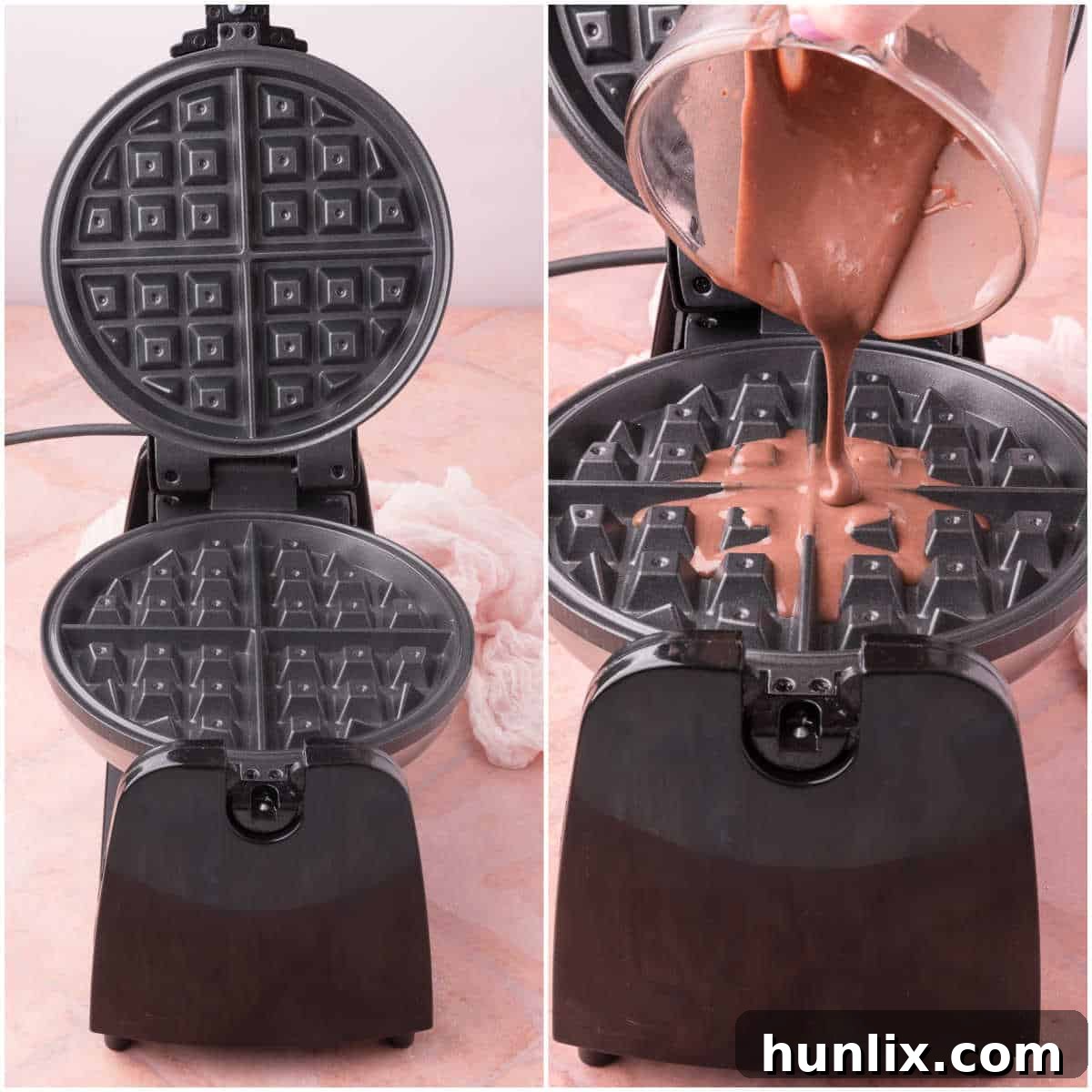 Pure Chocolate Waffle Bliss 7 A freshly cooked chocolate waffle being removed from a waffle maker, ready for topping.