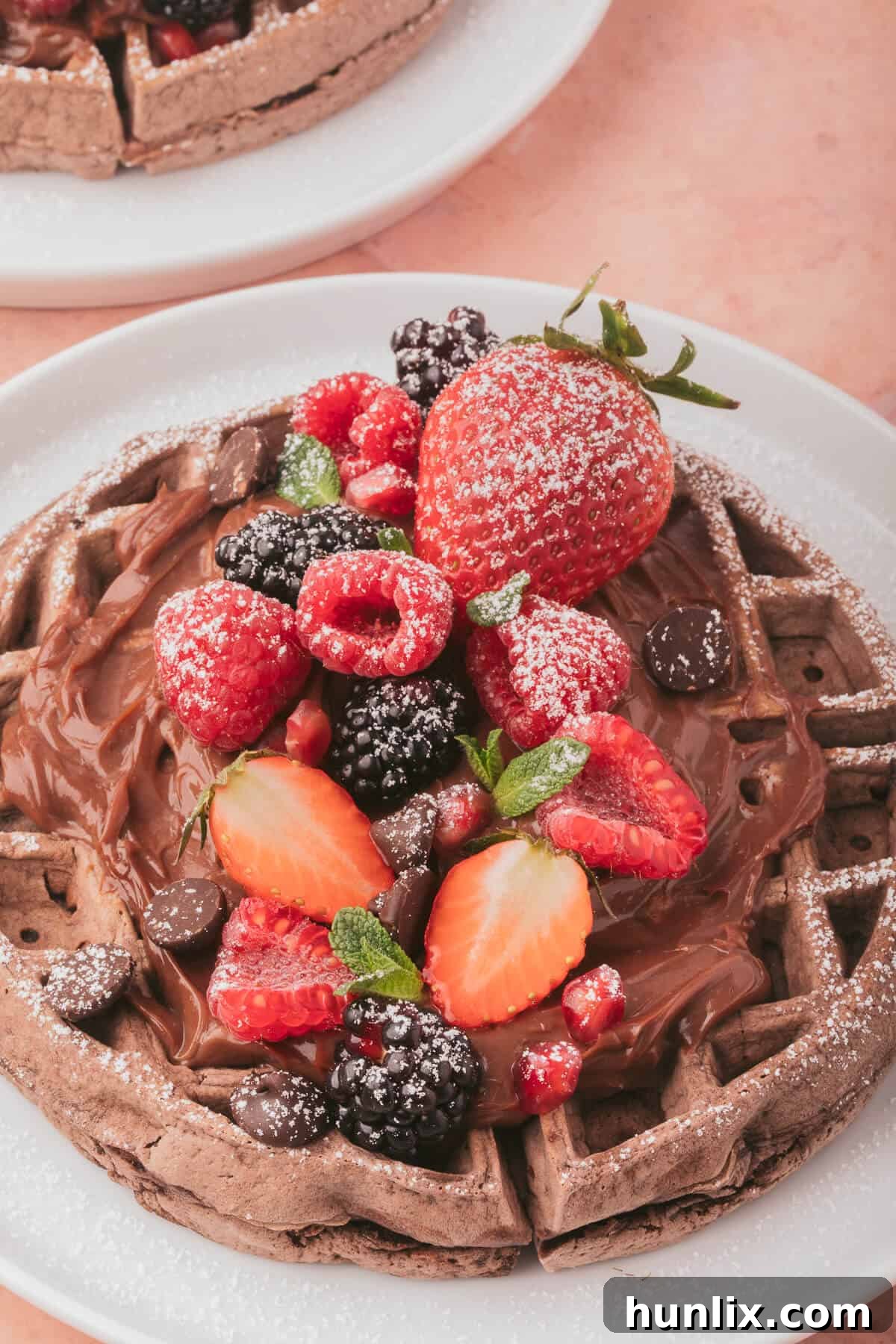 Pure Chocolate Waffle Bliss 10 A single chocolate waffle adorned with chocolate syrup and fresh berries, emphasizing its rich texture.