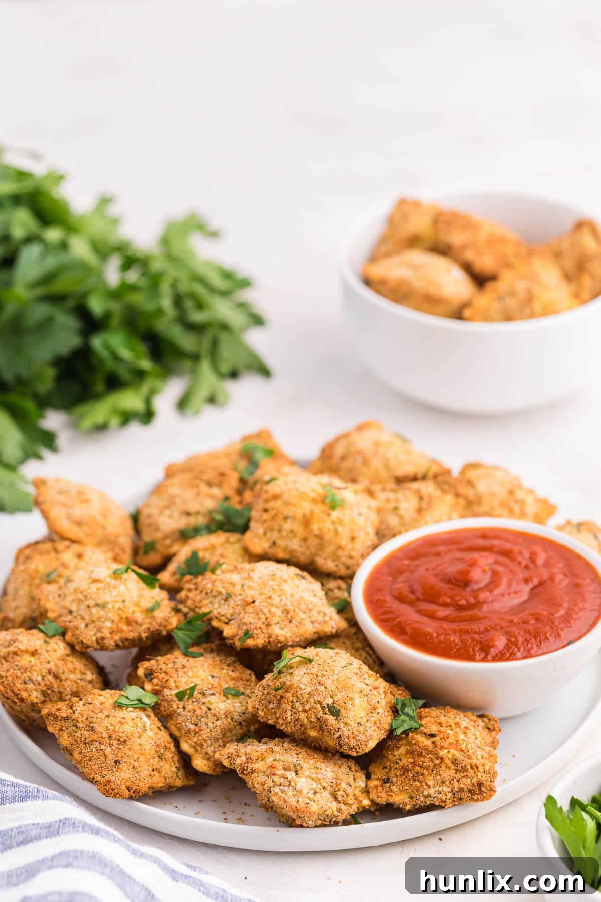 Golden Air Fryer Ravioli 7 The recipe served on a plate with marinara sauce.
