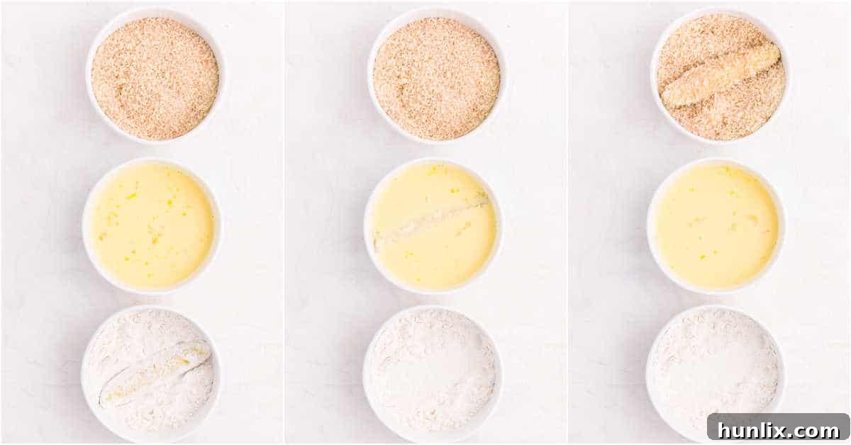 A visual guide showing the process of breading dill pickle spears: drying, flouring, dipping in egg wash, and coating in panko breadcrumbs, prepared for air frying.