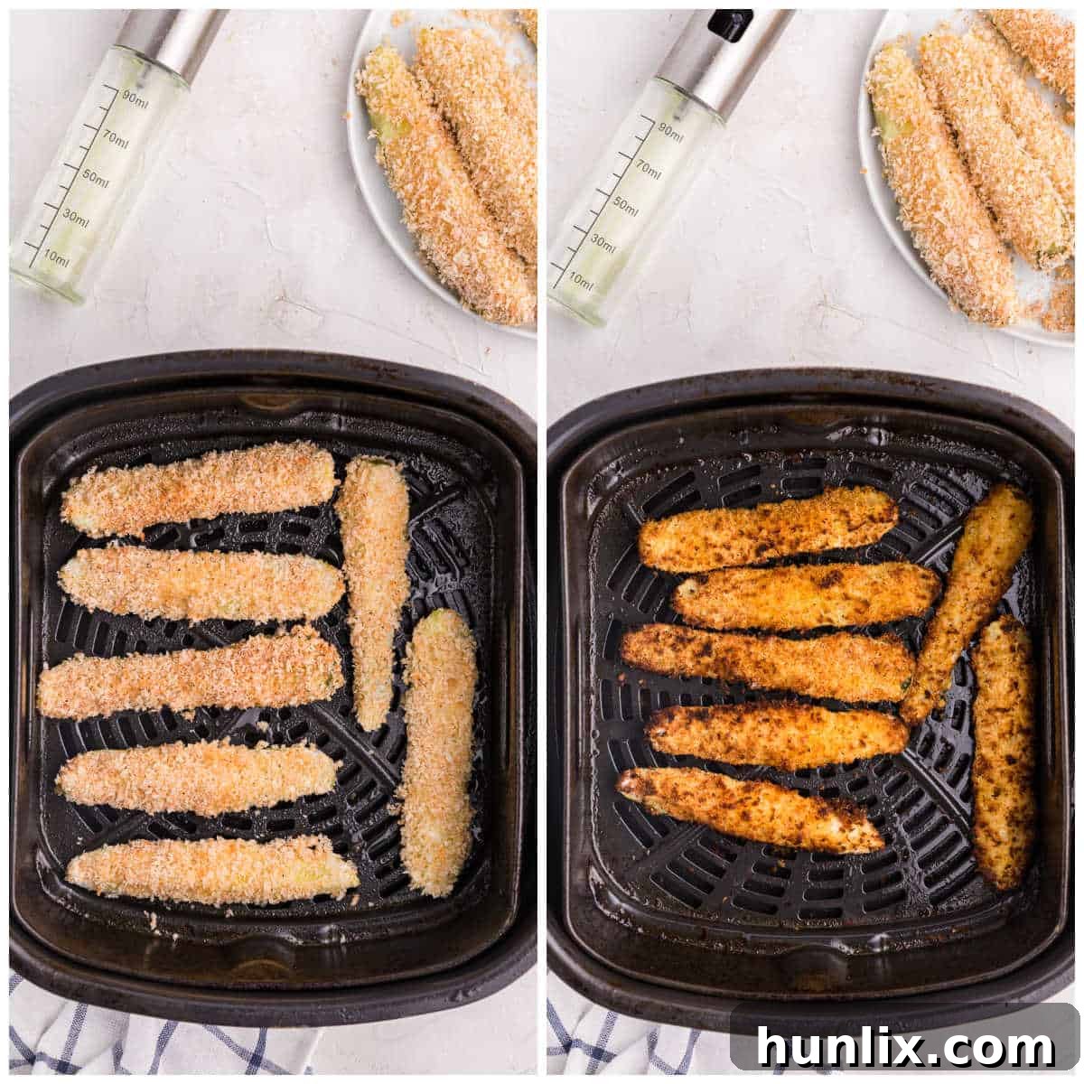 A step-by-step collage demonstrating how to air fry breaded pickles, from placing them in the air fryer basket to showing the perfectly crispy finished product.