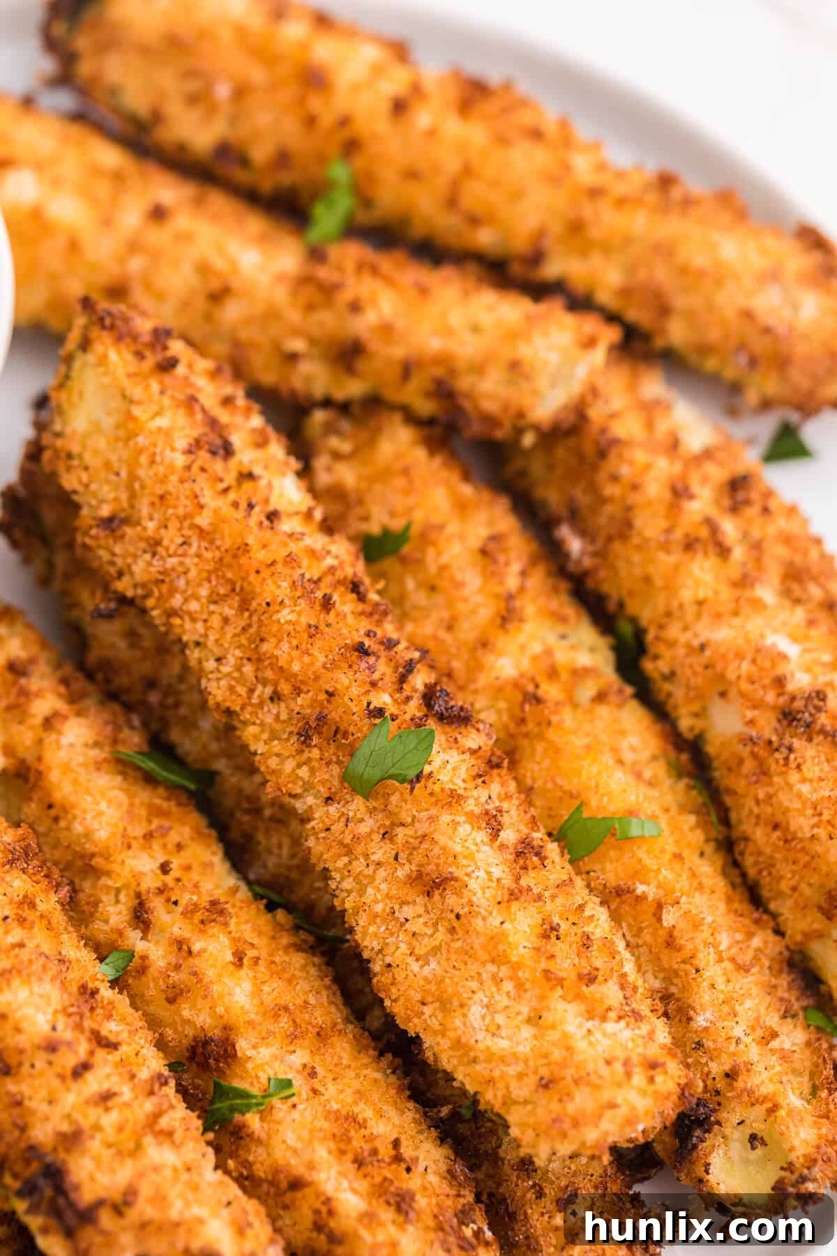 A close-up shot of golden, crispy air fryer fried pickles served on a pristine white plate, garnished with fresh dill, highlighting their appealing texture.