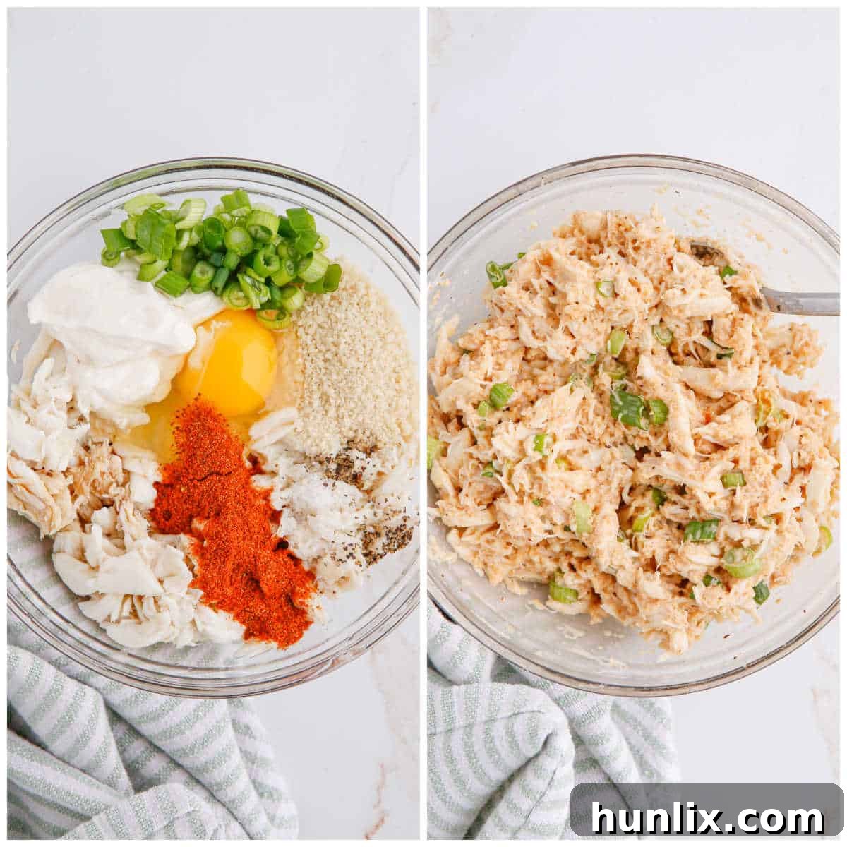 Perfectly Crispy Air-Fried Crab Cakes 4 A collage showing the process of mixing crab cake ingredients in a bowl.