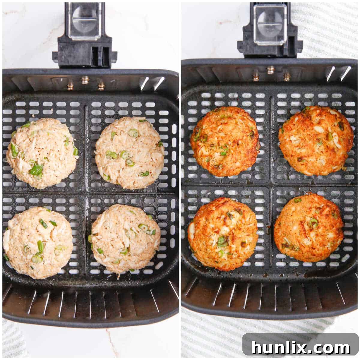 Perfectly Crispy Air-Fried Crab Cakes 5 A collage showing Air Fryer Crab Cakes cooking inside an air fryer and then being removed, golden and crisp.