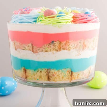 The Easter Trifle in a trifle dish, ready to be served.