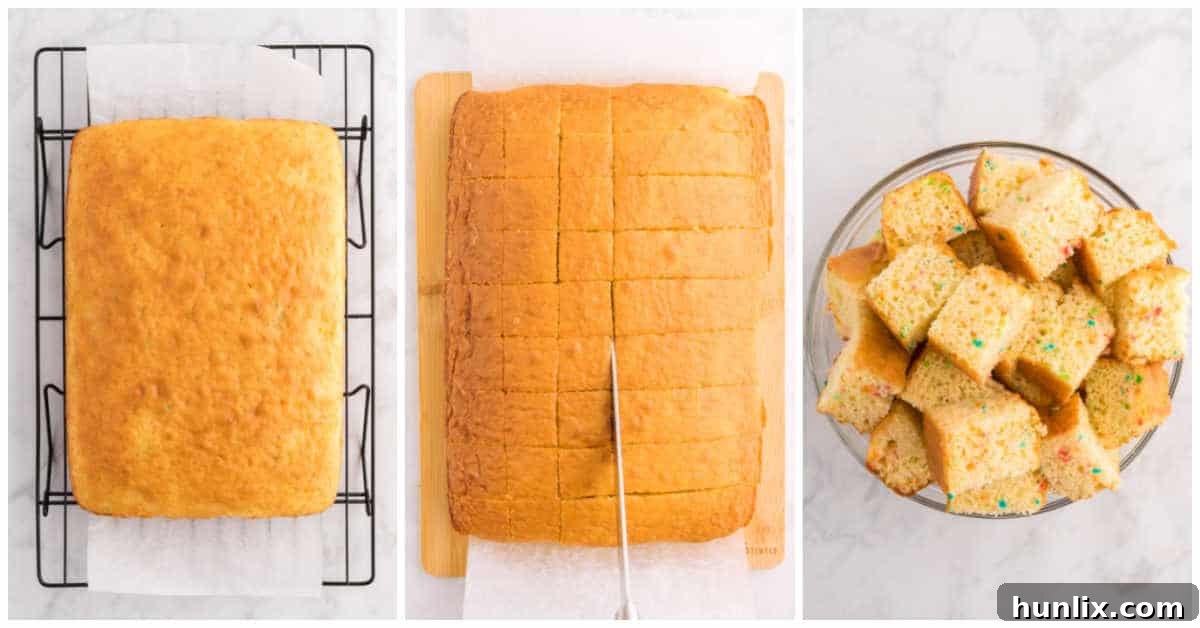 Collage of preparing the cake layer for Easter Trifle.