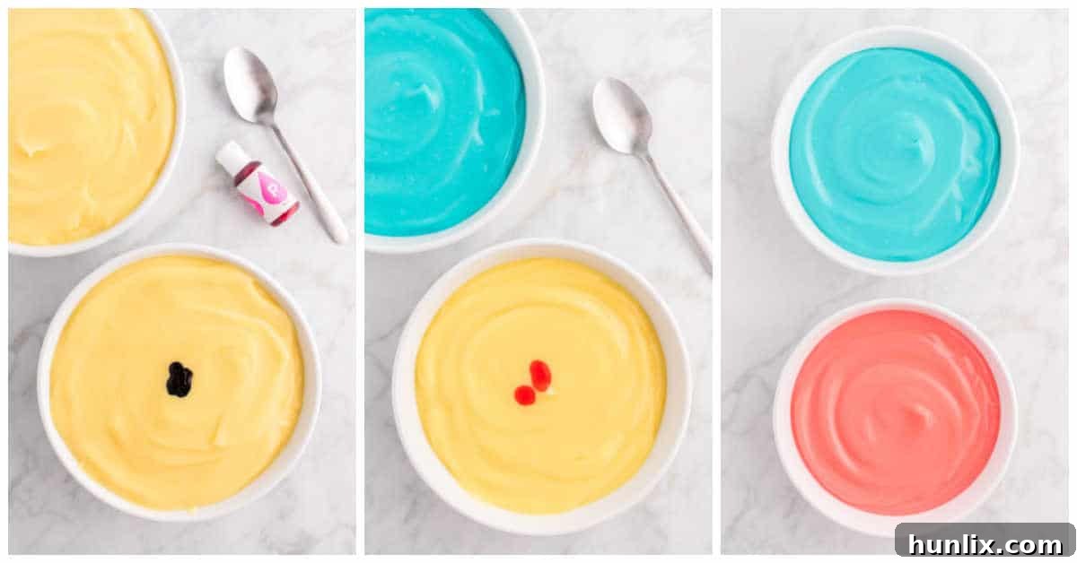 Collage of preparing the colored puddings for Easter Trifle.