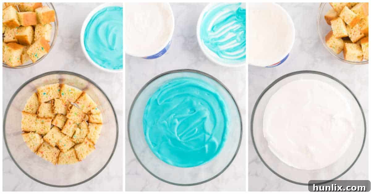 Collage of assembling the first layers of the Easter Trifle recipe.