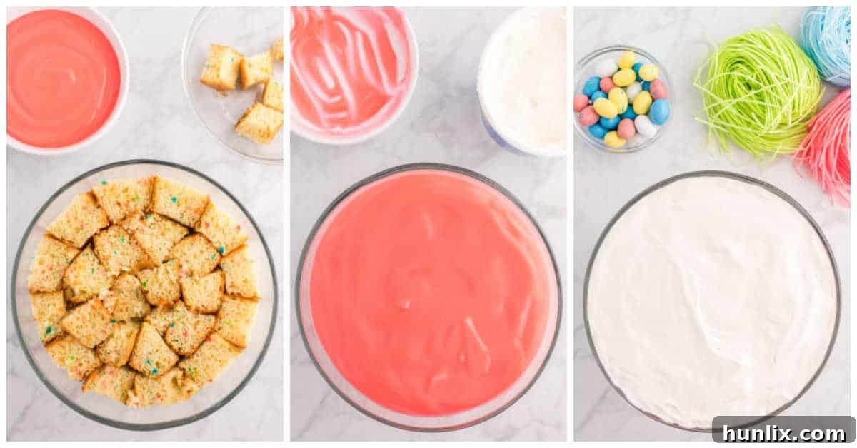 Collage of assembling the remaining layers of the Easter Trifle.