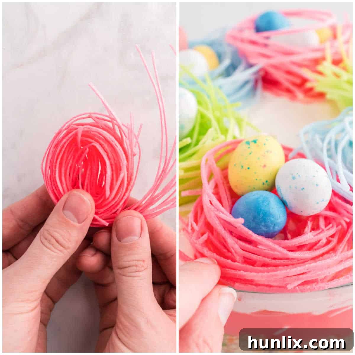 Collage of preparing the candy grass nests for Easter Trifle decoration.