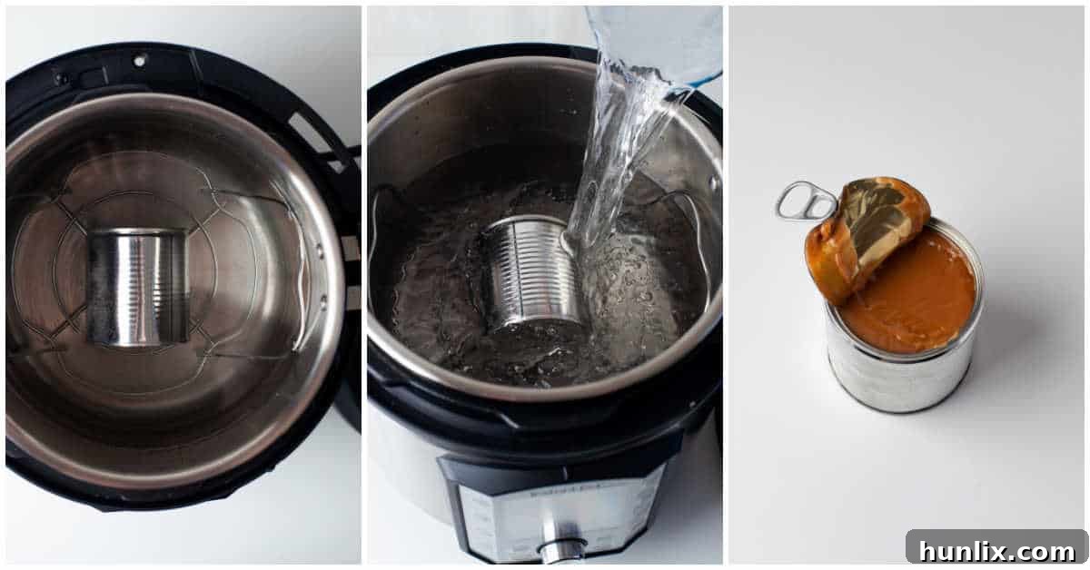 A collage showing the five simple steps to make Instant Pot Dulce de Leche, from preparing the can to enjoying the finished product.