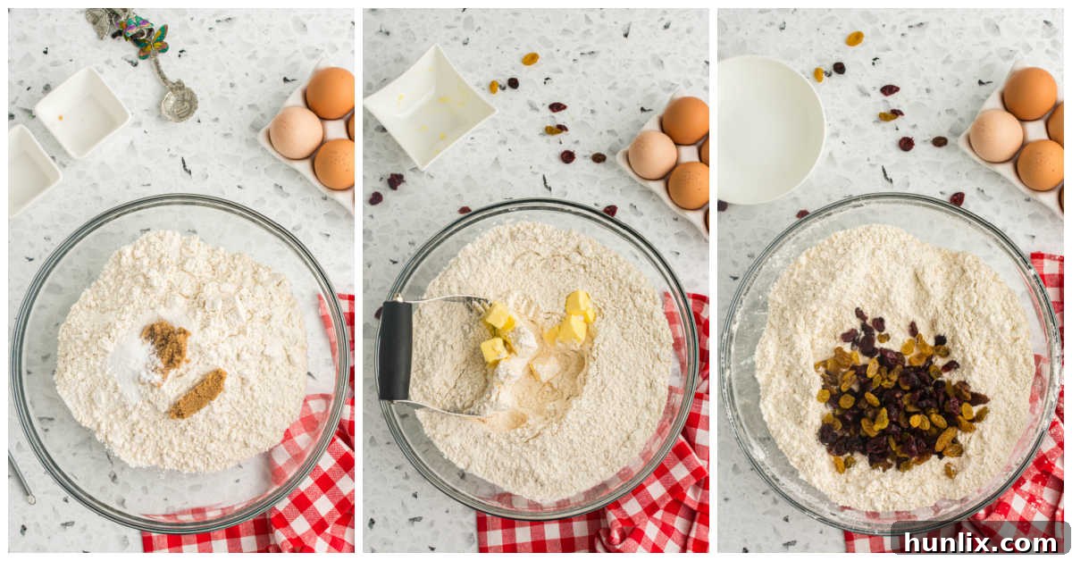 A collage showing the initial steps of adding dry ingredients, then butter, raisins, and cranberries to a mixing bowl.