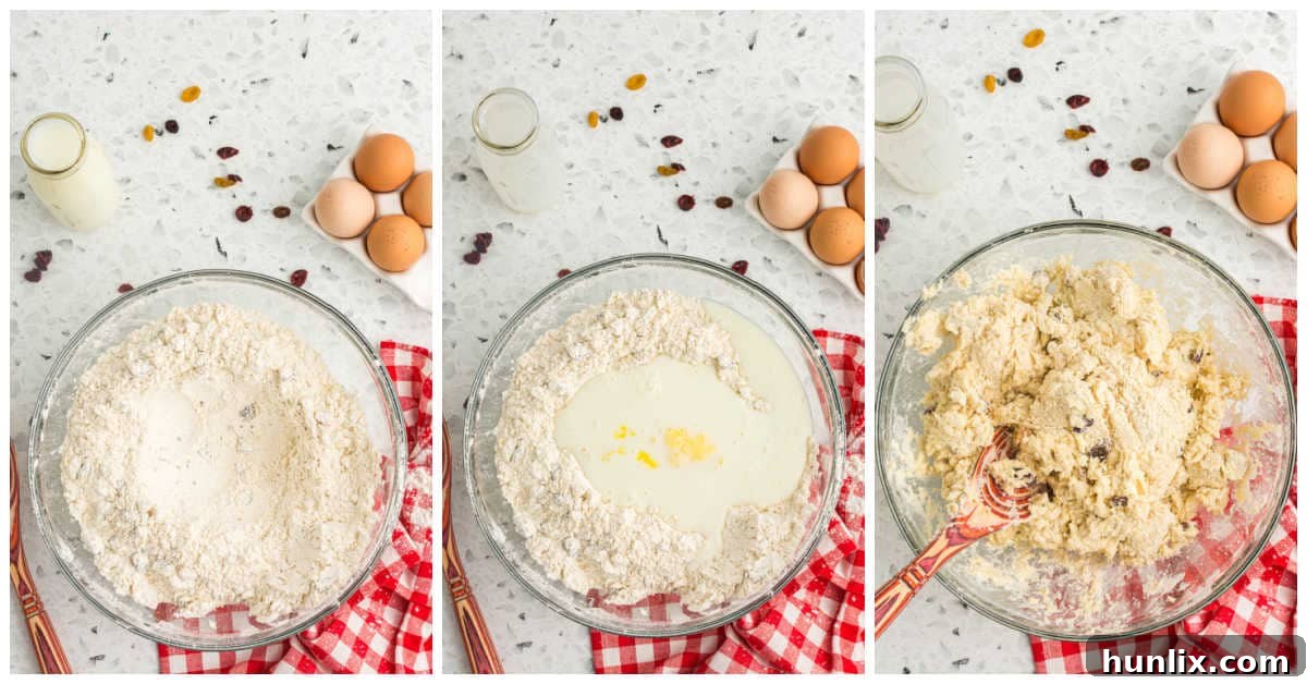 A collage illustrating the process of mixing the wet ingredients into the dry to form the soda bread dough in a bowl.