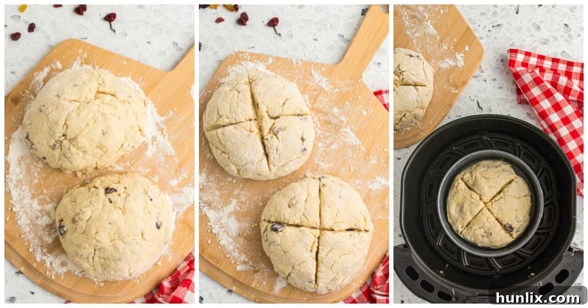 A collage displaying the final steps: shaping the dough, scoring with an X, and baking one of the loaves in the air fryer.